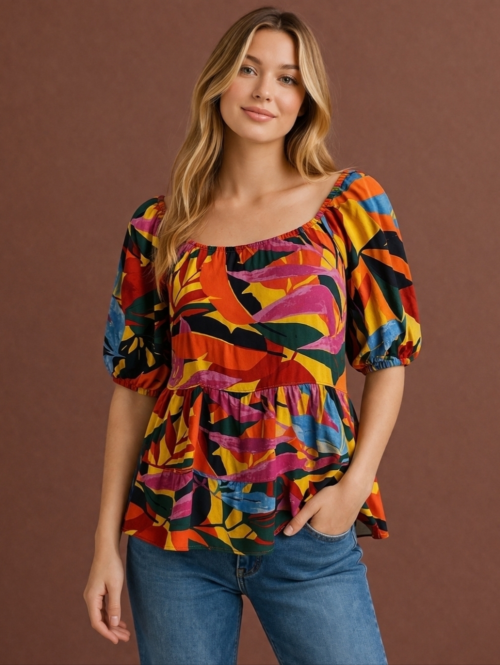 TERRA & SKY Colorful Tropical Off Shoulder Babydoll Tiki Blouse 2X